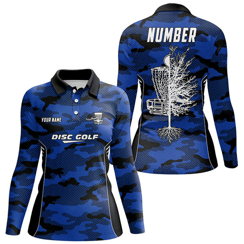 Blue Camo Womens Disc Golf Polo Shirt Custom Camouflage Disc Golf Shirts For Women Golf Gifts LDT0787