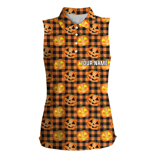 Halloween Pumpkin Seamless Orange Womens Sleeveless Polo Shirt Custom Golf Shirts For Women Golf Gift LDT0504