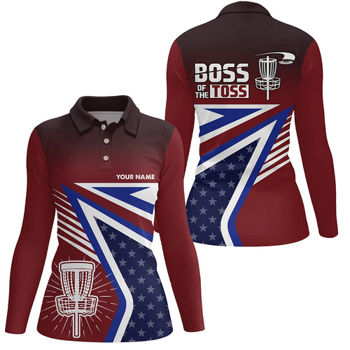 Boss Of The Toss American Flag Disc Golf Polos Custom Name Patriotic Golf Shirts For Women LDT0239