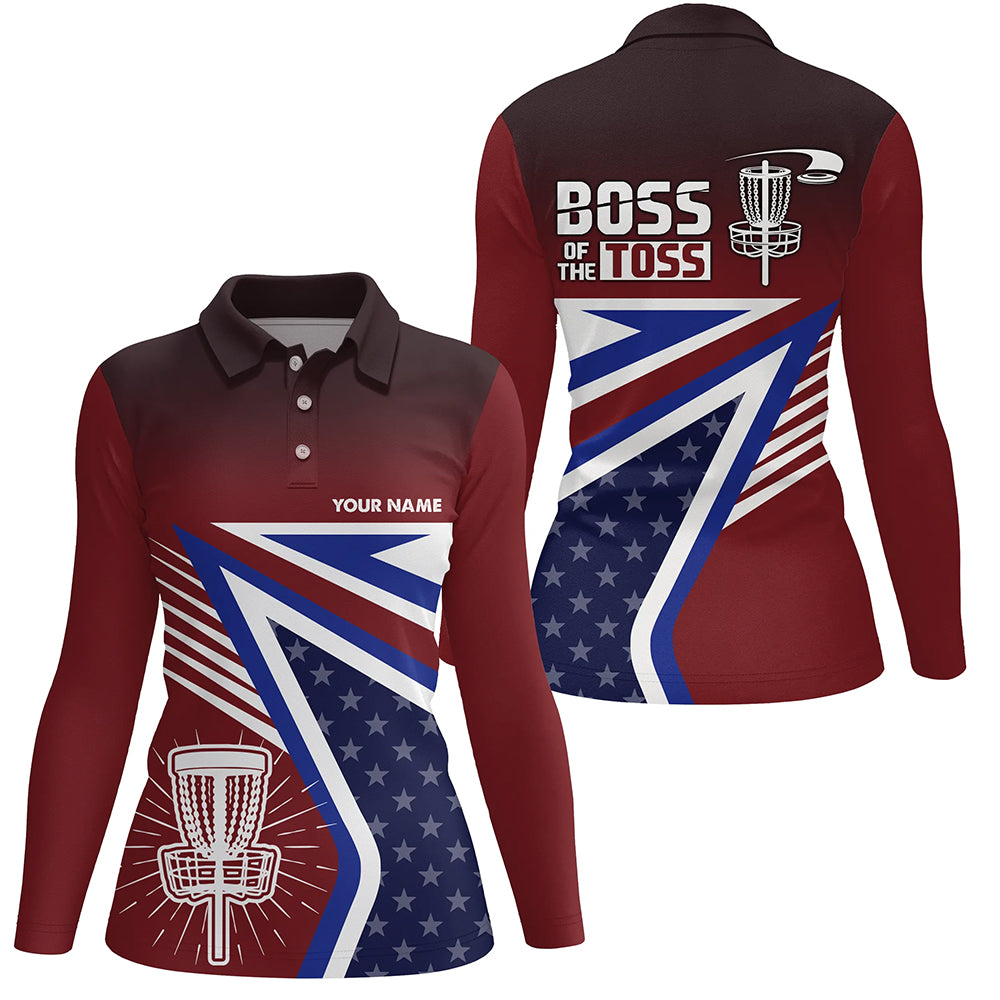 Boss Of The Toss American Flag Disc Golf Polos Custom Name Patriotic Golf Shirts For Women LDT0239