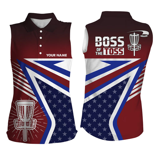 Boss Of The Toss American Flag Sleeveless Disc Golf Polos Custom Name Patriotic Golf Shirts For Women LDT0239