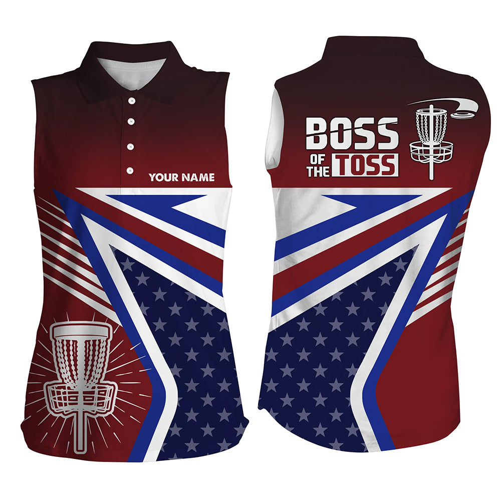 Boss Of The Toss American Flag Sleeveless Disc Golf Polos Custom Name Patriotic Golf Shirts For Women LDT0239