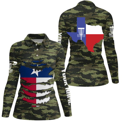 Personalized Green Camo Texas Womens Disc Golf Polo Shirts Patriotic Golf Shirts For Women LDT0269