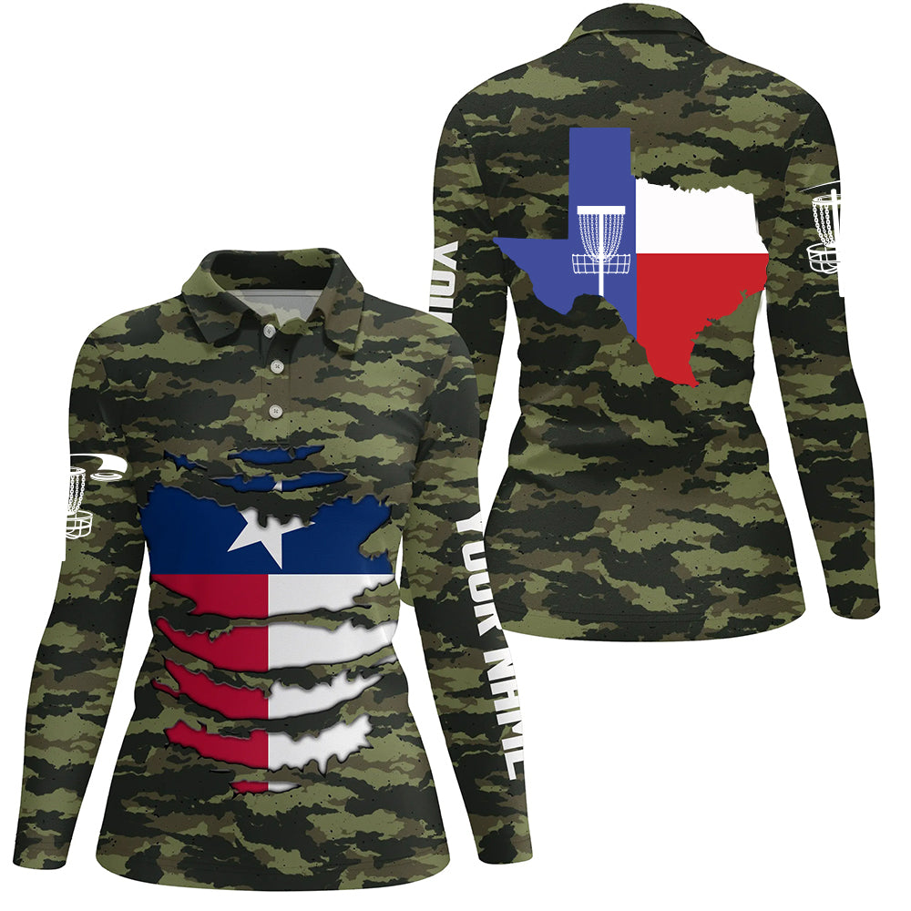 Personalized Green Camo Texas Womens Disc Golf Polo Shirts Patriotic Golf Shirts For Women LDT0269