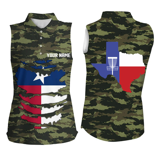 Personalized Green Camo Texas Womens Disc Golf Sleeveless Polo Shirts Patriotic Golf Shirts For Women LDT0269