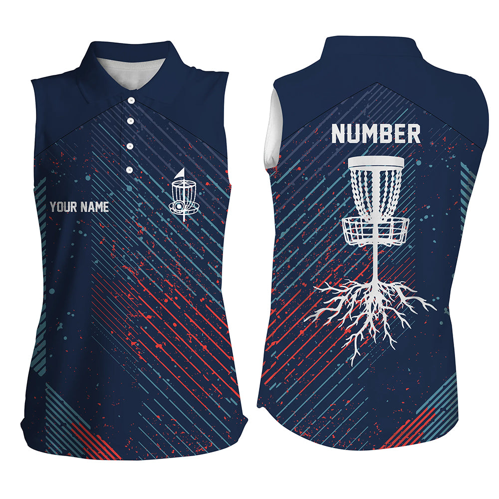 Blue Red Geometric Pattern Disc Golf Womens Sleeveless Polo Shirt Cool Golf Tops For Women Golf Gifts LDT0596
