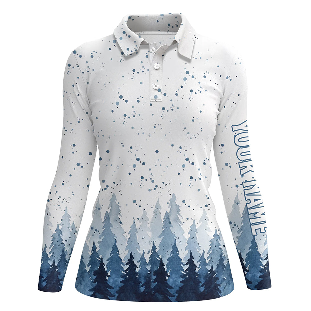 Watercolor Blue Christmas Trees & Snowfall Women Golf Polo Shirt Winter Golf Shirts For Women LDT0659