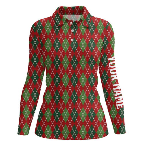 Christmas Argyle Knitted Womens Golf Polo Shirt Red Green All Over Print Golf Shirt For Women LDT0662