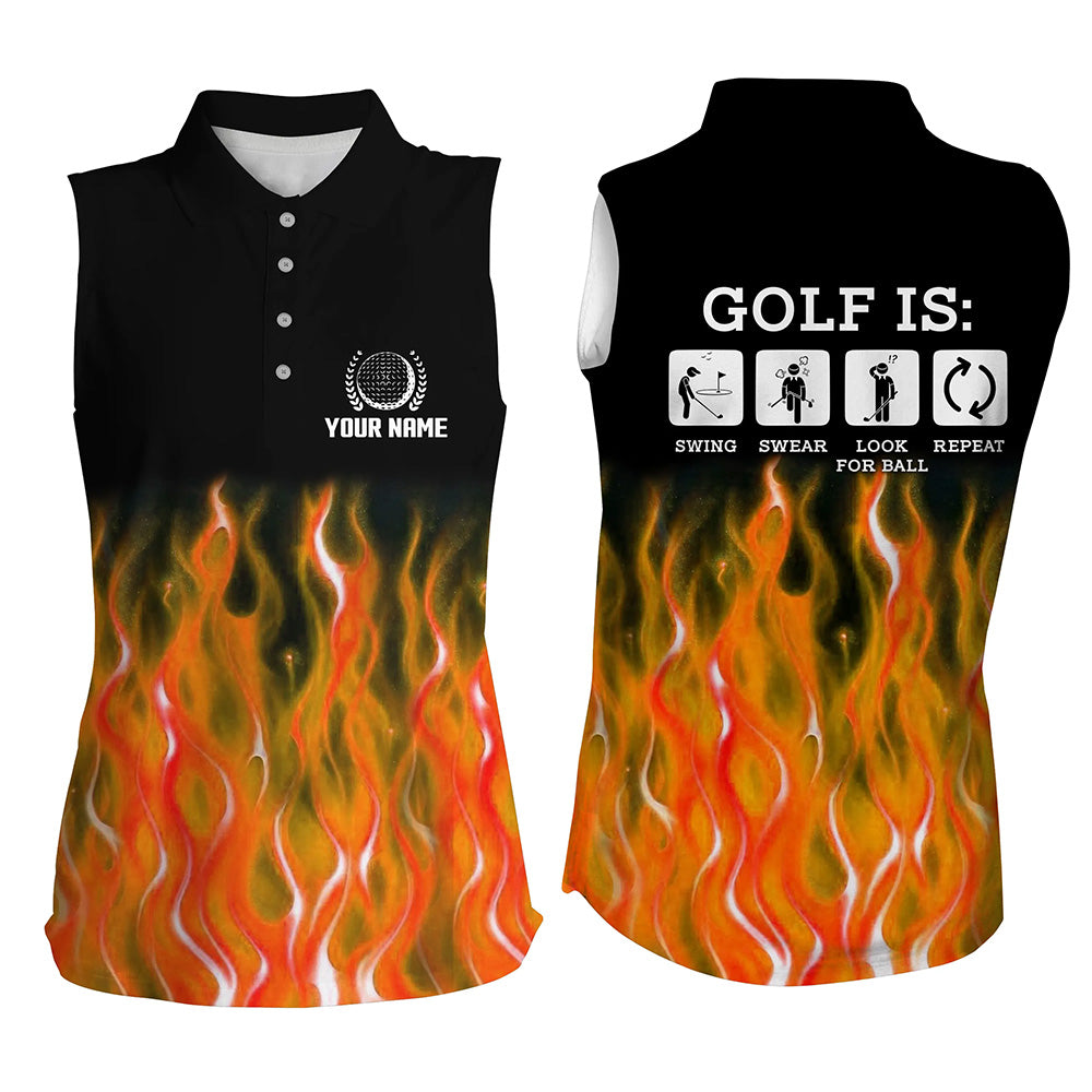 Womens Orange Flame Sleeveless Golf Polo Shirts Customized Fire Golf Shirts For Women Best Golf Gifts LDT0130