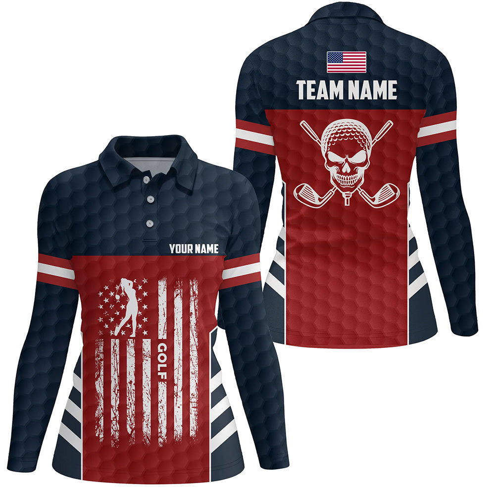American Flag Golf Pattern Polo Shirt Custom Skull Patriotic Golf Shirts For Women Golf Gifts LDT0701