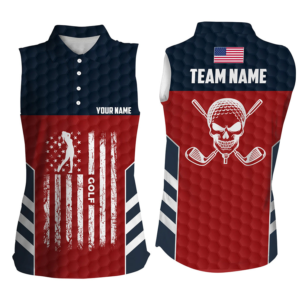 American Flag Golf Pattern Womens Sleeveless Polo Shirt Custom Skull Patriotic Golf Shirts For Women LDT0701