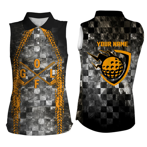 Golf Orange Womens Sleeveless Polo Shirt Checker Pattern Racing Polos For Women Best Gift For Golfers LDT0166