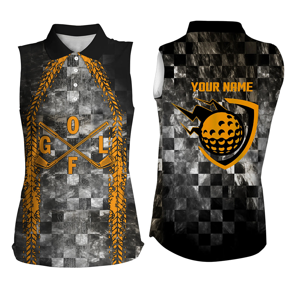Golf Orange Womens Sleeveless Polo Shirt Checker Pattern Racing Polos For Women Best Gift For Golfers LDT0166