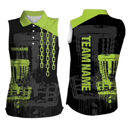 Customized Disc Golf Chain Black Green Womens Sleeveless Polo Shirt Retro Disc Golf Shirt For Women LDT0746