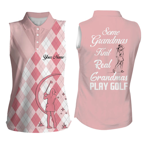 Some Grandmas Knit Real Light Pink For Ladies, Argyle Pink Custom Name Women Sleeveless 3D Polo Shirt LDT0008