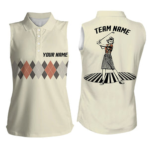 Vintage Argyle Pattern Women Sleeveless Polo Shirt Custom Name Funny Golf Shirts For Women Golf Gifts LDT0997
