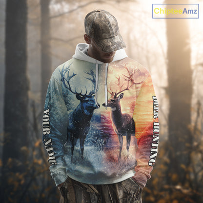 Deer Hunting in snow American Flag Long Sleeve, Hoodie Shirt NHT02