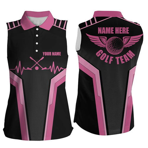 Customized Womens Sleeveless Golf Polo Shirts, Heartbeat Black Pink Polo Shirts For Girls, Golf Gifts LDT0026