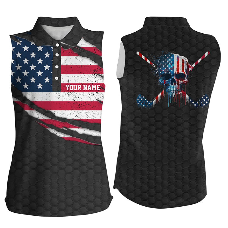 American Flag Skull Womens Sleeveless Polo Shirt Funny Golf Shirt Personalized Patriotic golf gifts LDT0041