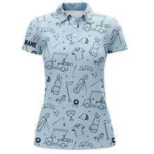 Load image into Gallery viewer, Golf Equipment Pattern Womens Polo Golf Shirts, Custom Name Sky Blue Best Golf Shirts For Womens LDT0049