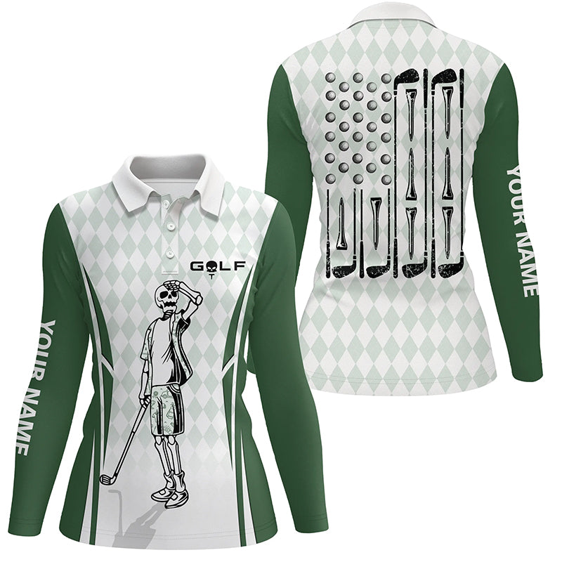 Green Argyle American Flag Patriotic Golf Polo Shirts Custom Skull Golf Shirts For Women LDT0292