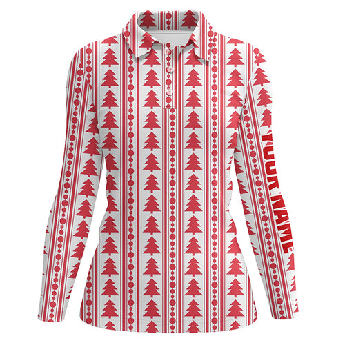 Red Christmas Trees & Garlands Flat Womens Golf Polo Shirts Customized Golf Shirts For Ladies LDT0639