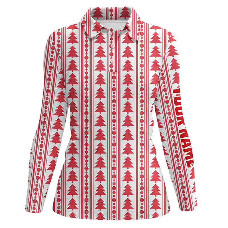 Red Christmas Trees & Garlands Flat Womens Golf Polo Shirts Customized Golf Shirts For Ladies LDT0639