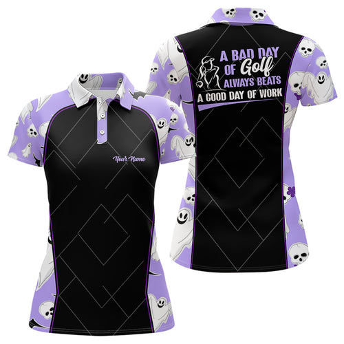 Womens Purple Halloween Golf Polo Shirt, Halloween With Skulls And Ghosts Golf Shirts For Women LDT0113