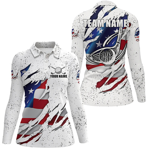 American Flag Ripped White Grunge Golf Polo Shirts Custom Patriotic Golf Shirts For Women LDT0699