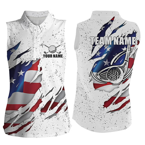 American Flag Ripped White Grunge Womens Sleeveless Polo Shirt Custom Patriotic Golf Shirts For Women LDT0699