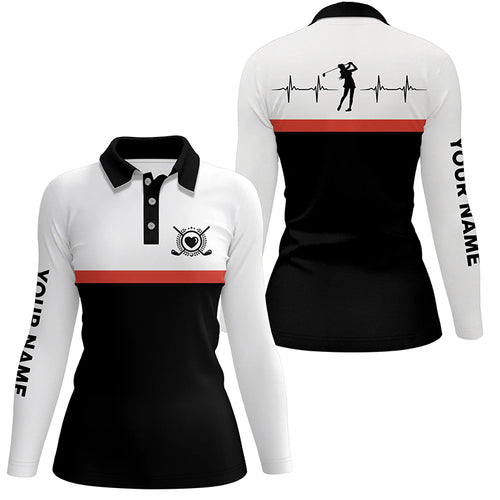 Golf Heart Beat Black Orange Polo Shirts Custom Name Golf Shirts For Women Golfing Gifts LDT0384