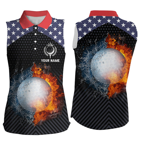 Fire And Water Golf Womens Sleeveless Polo Shirts American Flag Golf Shirts For Women Patriotic Gifts LDT0158