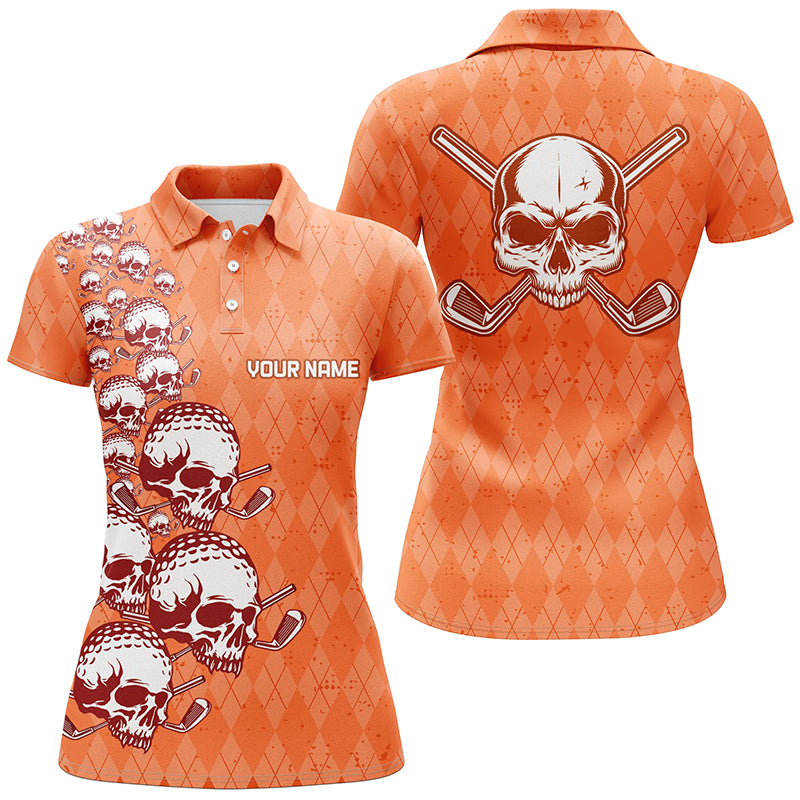 Elegant Orange Argyle Pattern Skull Golf Polo Shirts Custom Halloween Golf Gifts For Women LDT0439