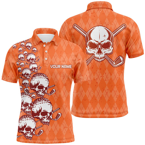 Elegant Orange Argyle Pattern Skull Mens Golf Polo Shirts Custom Halloween Golf Gifts For Men LDT0439