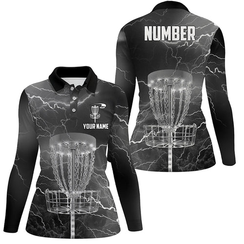 Thunder Lightning Black Grey Disc Golf Polo Shirts Customized Disc Golf Shirts For Women LDT0486