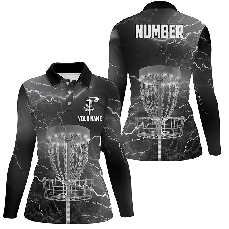 Thunder Lightning Black Grey Disc Golf Polo Shirts Customized Disc Golf Shirts For Women LDT0486