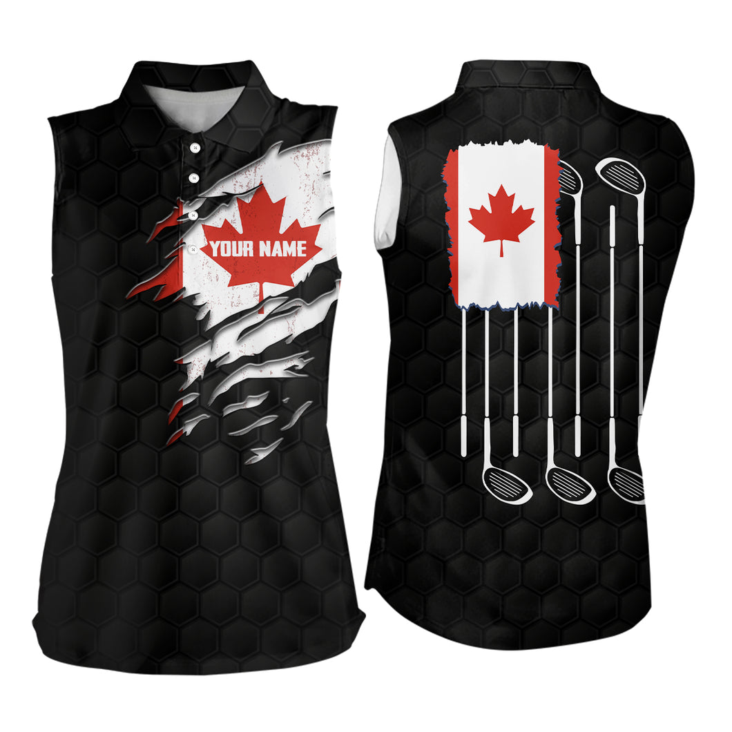 Canada Flag Black Golf Pattern Womens Sleeveless Polo Shirt Maple Leaf Golf Tops For Women Golf Gifts LDT0496