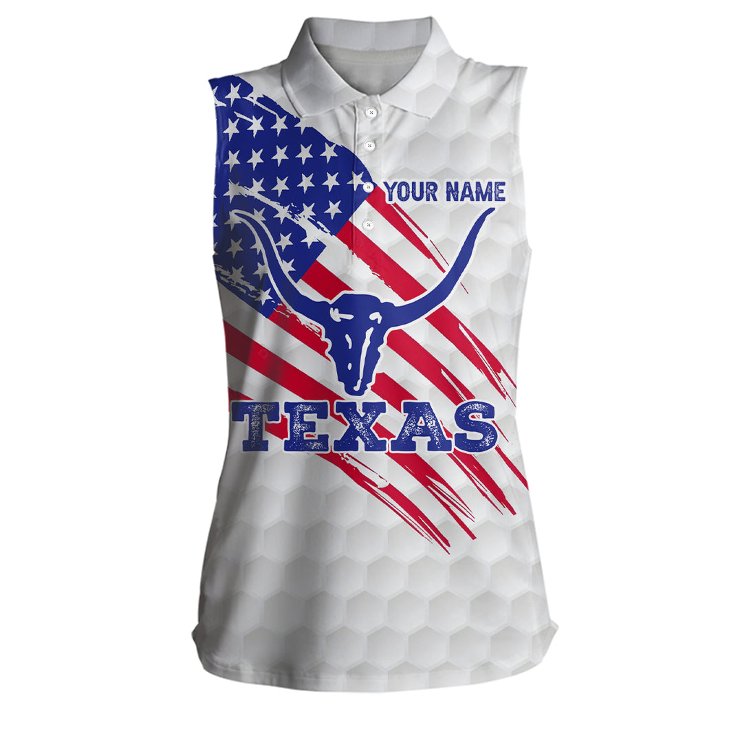 Texas Flag Longhorn Sleeveless Golf Polo Shirts Custom Patriotic Golf Shirts For Women Golf Gifts LDT0258