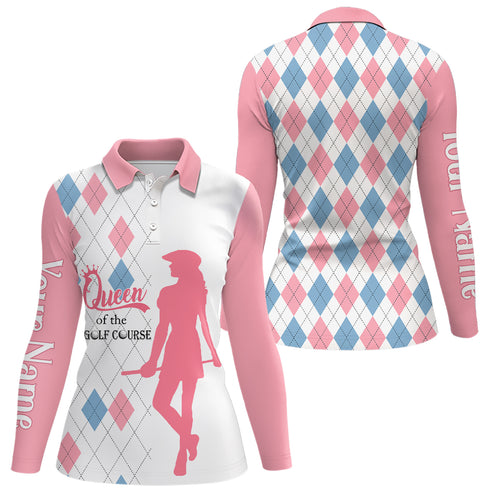 Queen Of The Course Pink & Blue Argyle Golf Polo Shirt Custom Best Golf Gifts For Women LDT0256