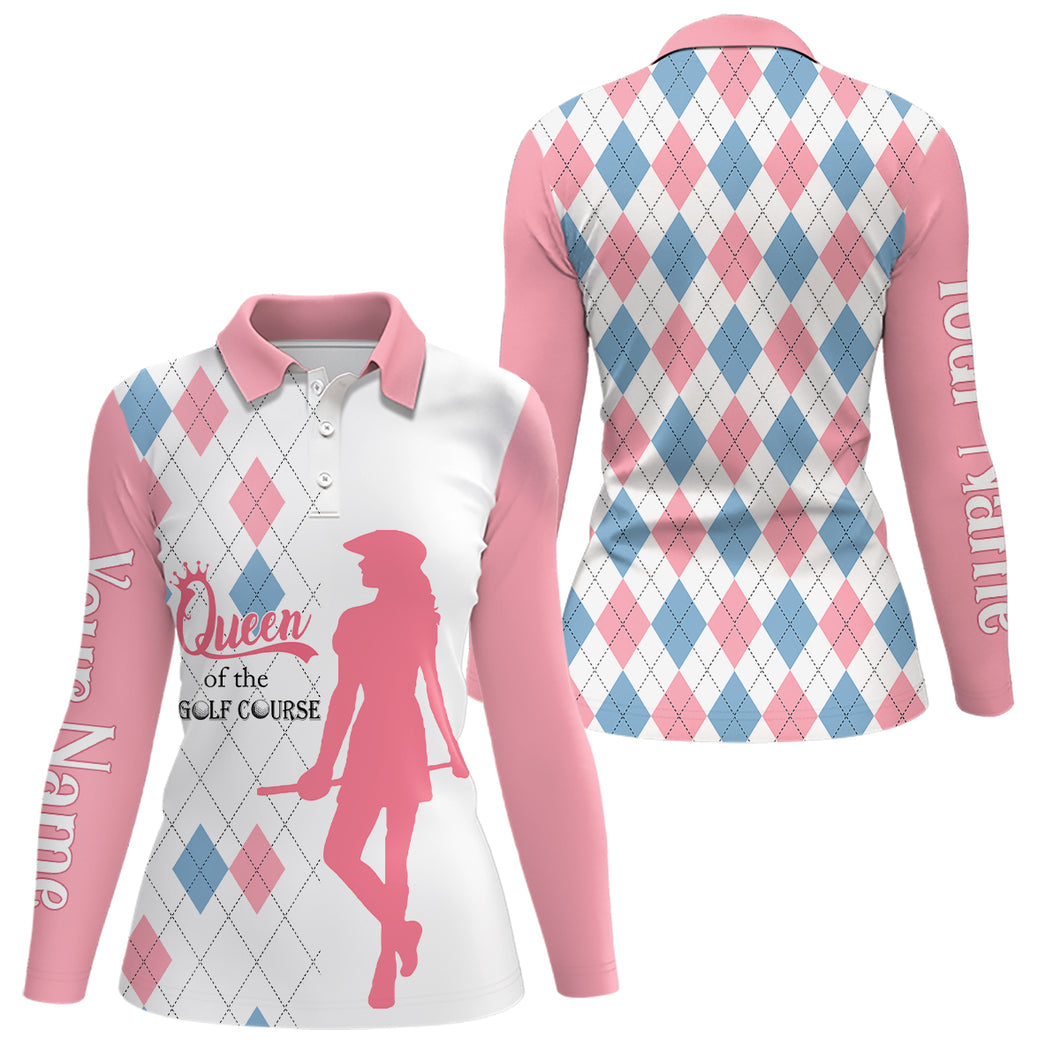 Queen Of The Course Pink & Blue Argyle Golf Polo Shirt Custom Best Golf Gifts For Women LDT0256