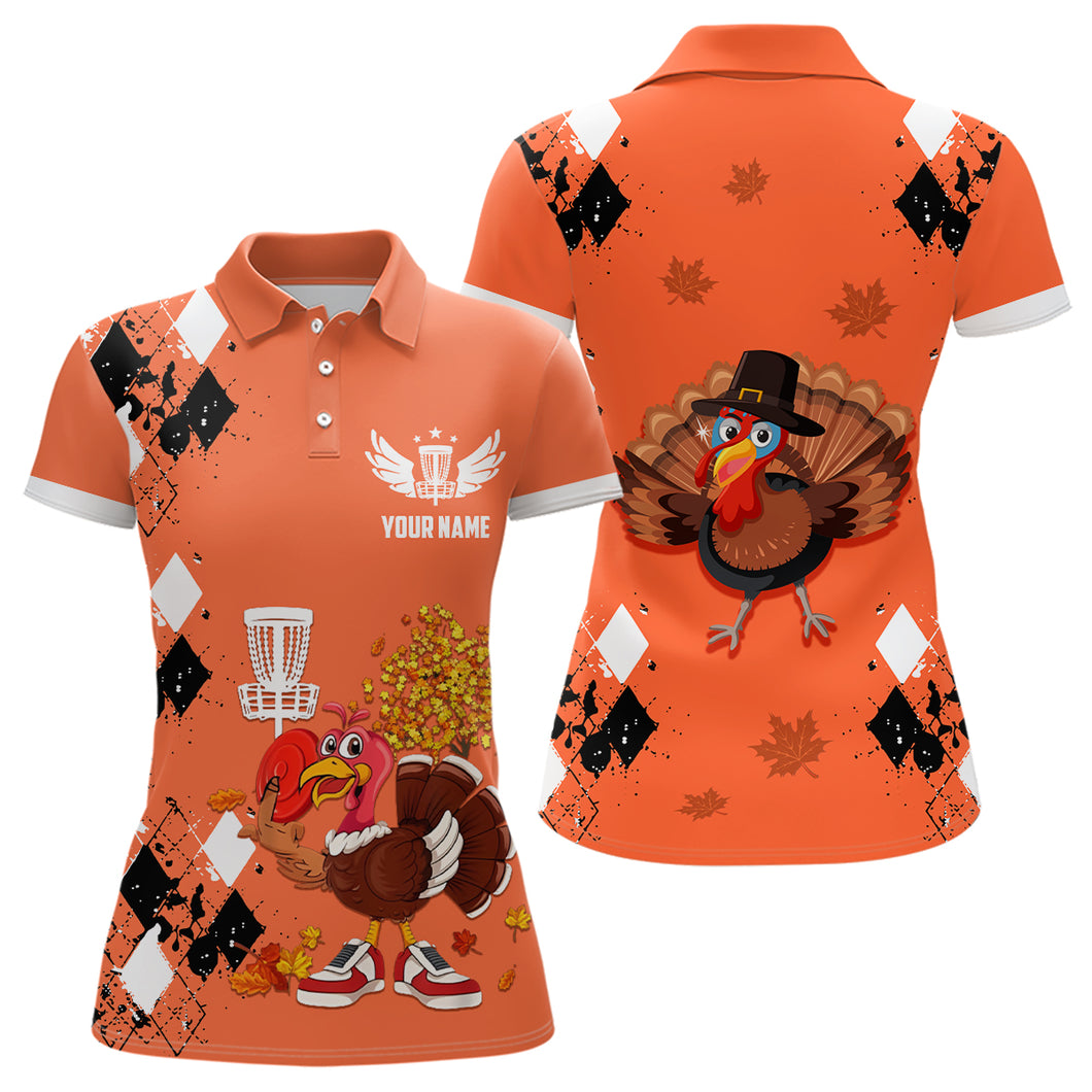 Turkey Bird Thanksgiving Disc Golf Polo Shirt Argyle Orange Custom Disc Golf Shirts For Women LDT0872
