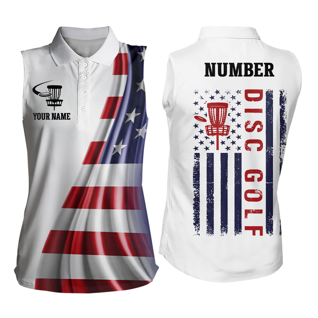 American Flag Womens Disc Golf Sleeveless Polo Shirt Custom Patriotic Disc Golf Gifts For Women LDT1073