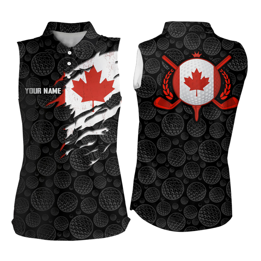 Crack Canada Flag Black Golf Pattern Sleeveless Polo Shirt Maple Leaf Patriotic Golf Shirts For Women LDT0275