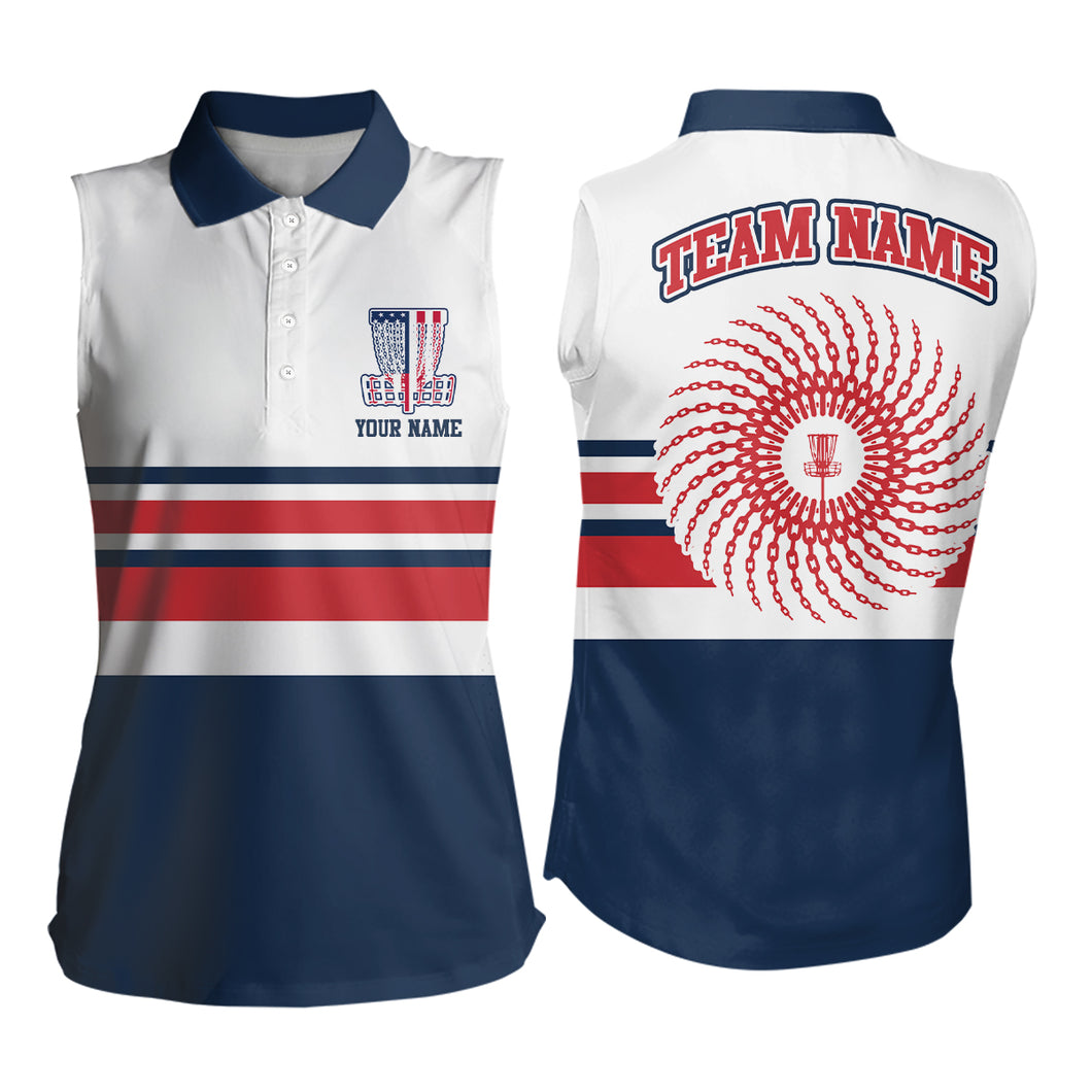 Disc Golf American Flag Womens Sleeveless Polo Shirt Personalized Patriotic Disc Golf Shirt For Women LDT0595