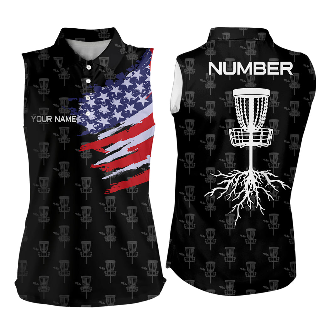 Sleeveless Disc Golf Pattern American Flag Basket Tree Custom Patriotic Disc Golf Shirts For Women LDT0285