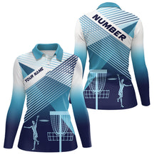 Load image into Gallery viewer, Disc Golf Silhouette White Blue Womens Polo Shirt Personalized Cool Disc Golf Tops For Women LDT0609