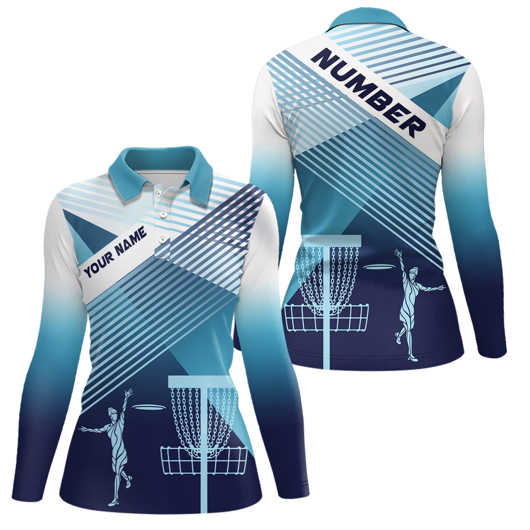 Disc Golf Silhouette White Blue Womens Polo Shirt Personalized Cool Disc Golf Tops For Women LDT0609