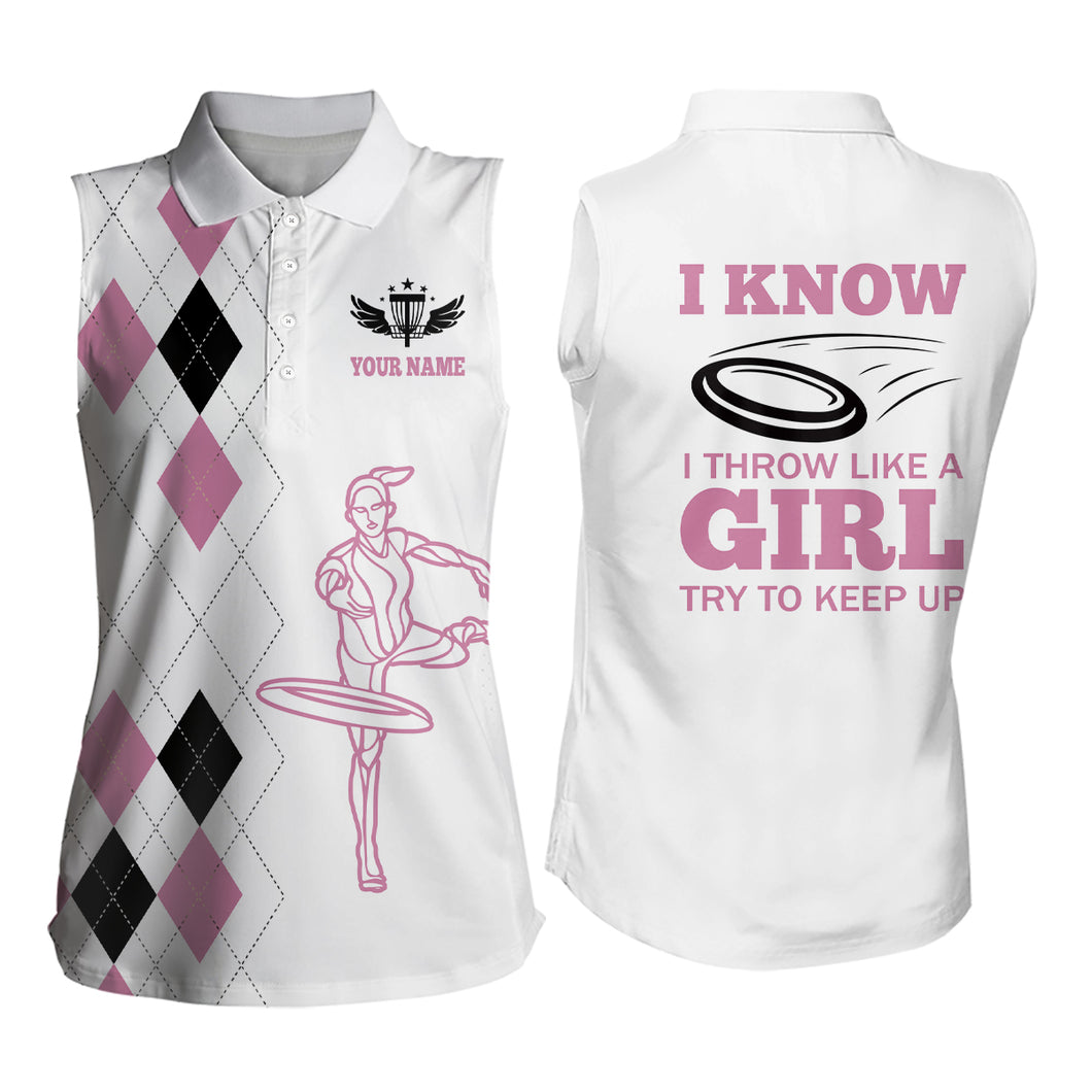 Pink Argyle Pattern Disc Golf Womens Sleeveless Polo Shirt Custom Disc Golf Tops For Women Golf Gifts LDT0910