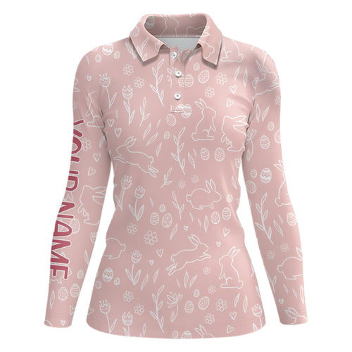 Pink Cute Easter Eggs & Bunnies Womens Golf Polo Shirt Custom Easter Day Golf Tops For Women LDT1335