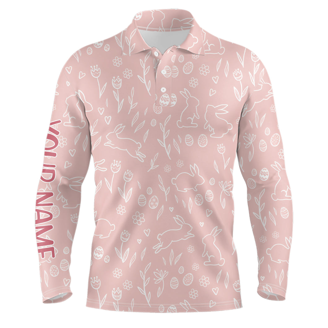 Pink Cute Easter Eggs & Bunnies Mens Golf Polo Shirt Custom Easter Day Golf Tops For Men Golf Gifts LDT1335